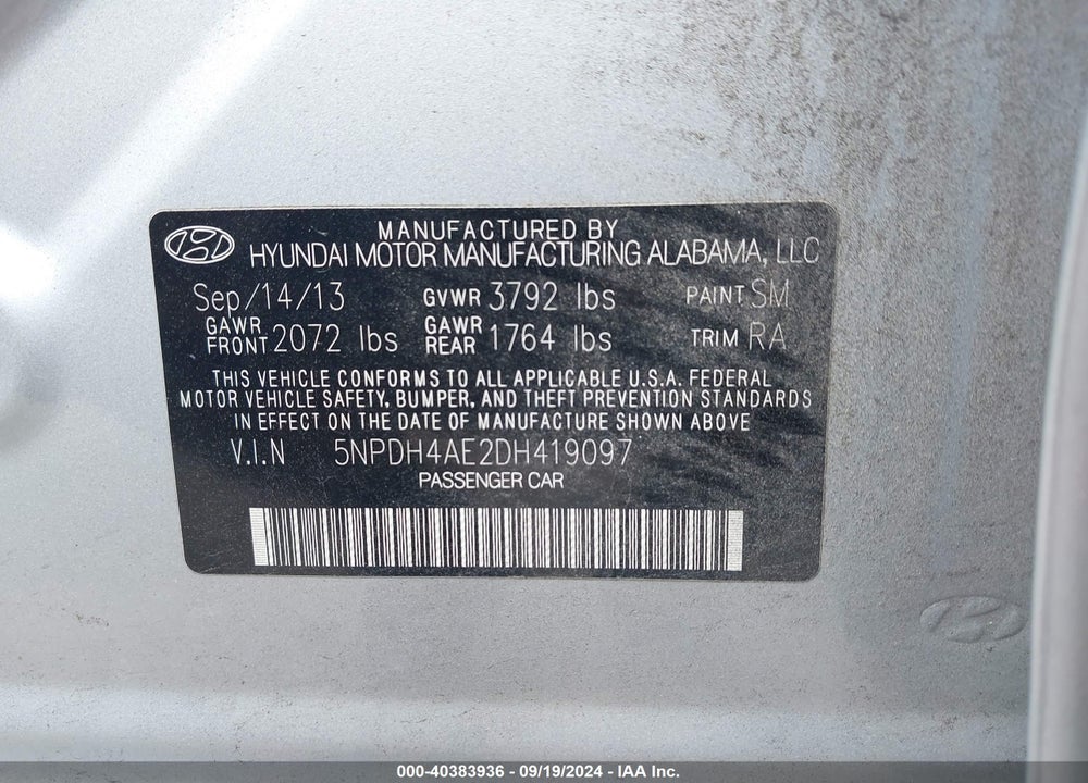2013 HYUNDAI ELANTRA GLS VIN: 5NPDH4AE2DH419097
