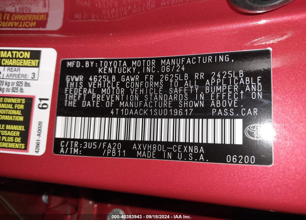 2025 TOYOTA CAMRY VIN: 4T1DAACK1SU019617