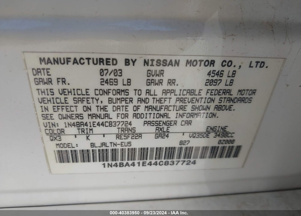 2004 NISSAN MAXIMA 3.5 SE VIN: 1N4BA41E44C837724