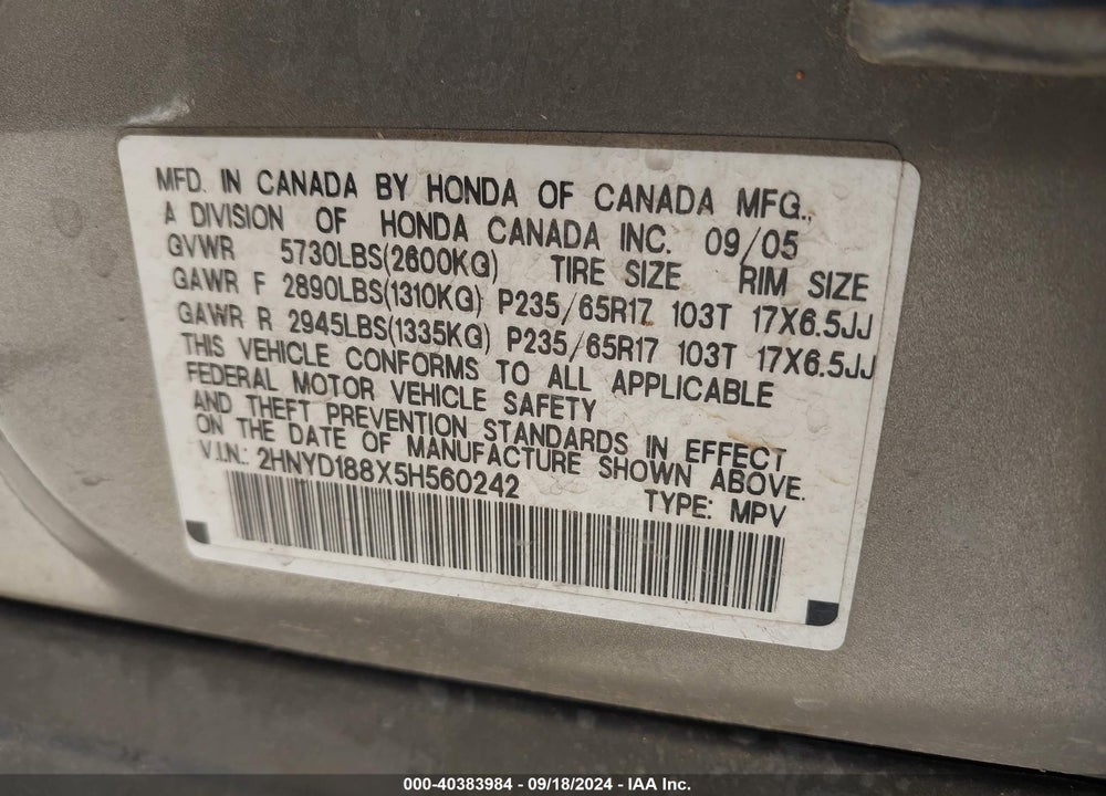 2005 ACURA MDX VIN: 2HNYD188X5H560242