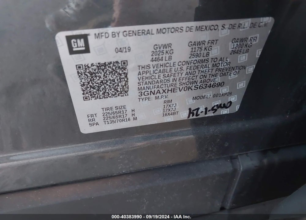 2019 CHEVROLET EQUINOX LS VIN: 3GNAXHEV0KS634690