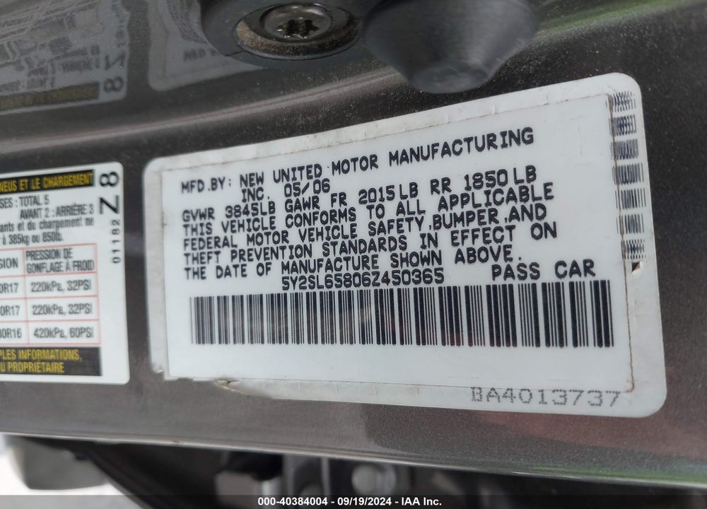 2006 PONTIAC VIBE VIN: 5Y2SL65806Z450365
