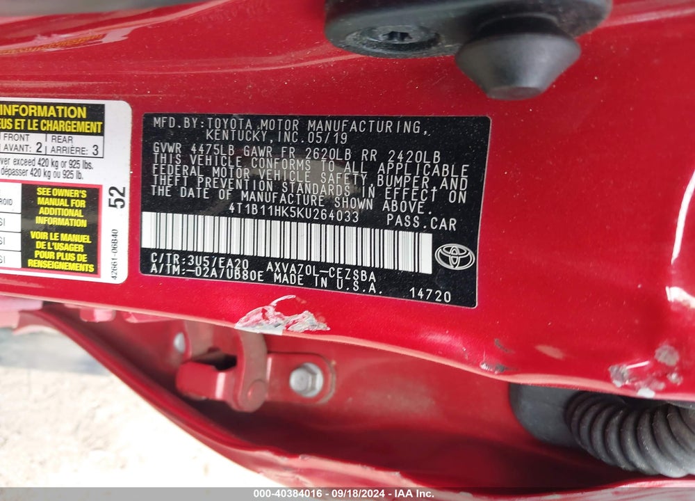 2019 TOYOTA CAMRY SE VIN: 4T1B11HK5KU264033