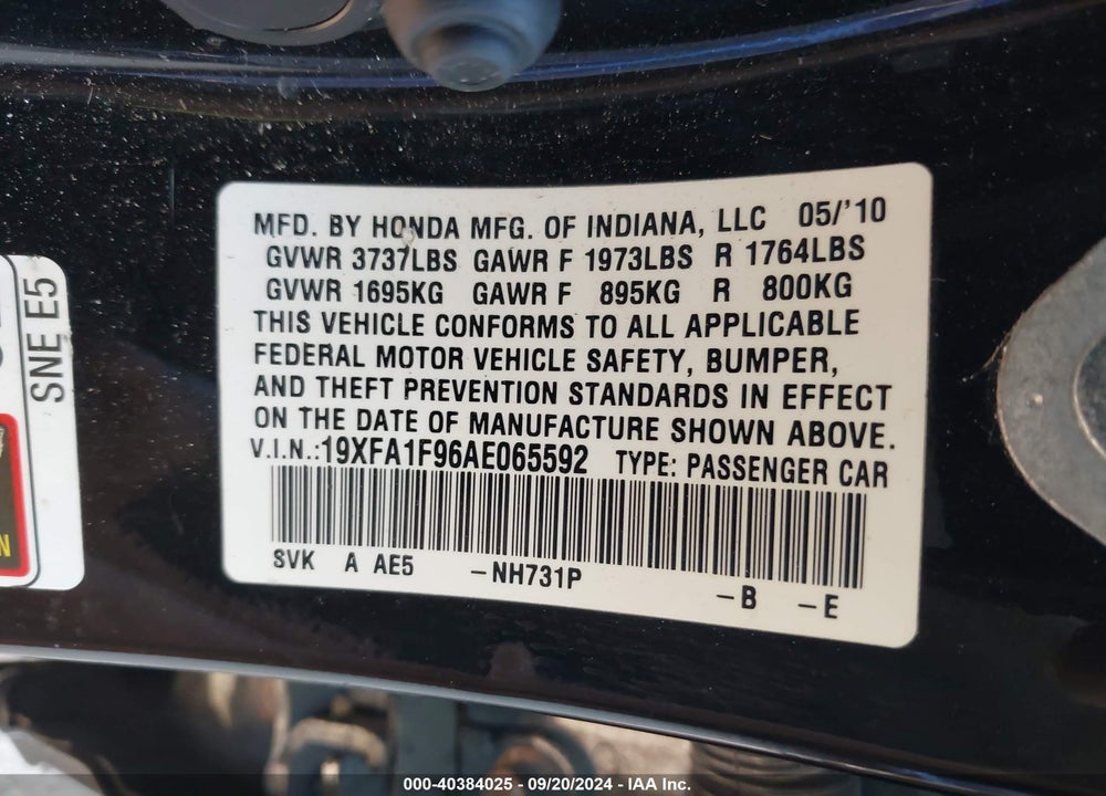 2010 HONDA CIVIC EX-L VIN: 19XFA1F96AE065592