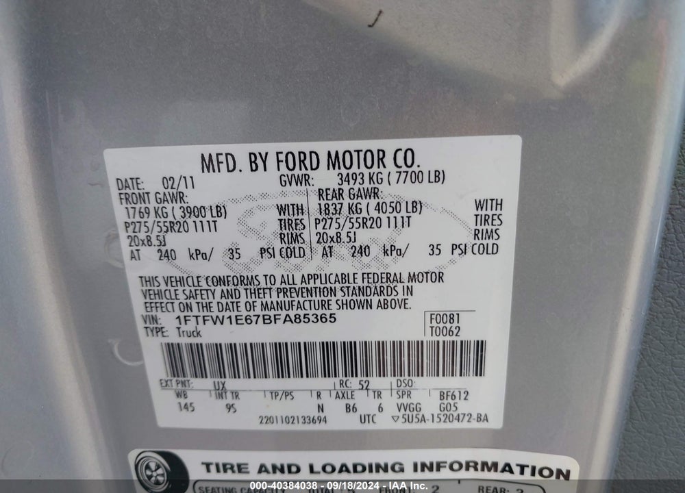 2011 FORD F-150 VIN: 1FTFW1E67BFA85365