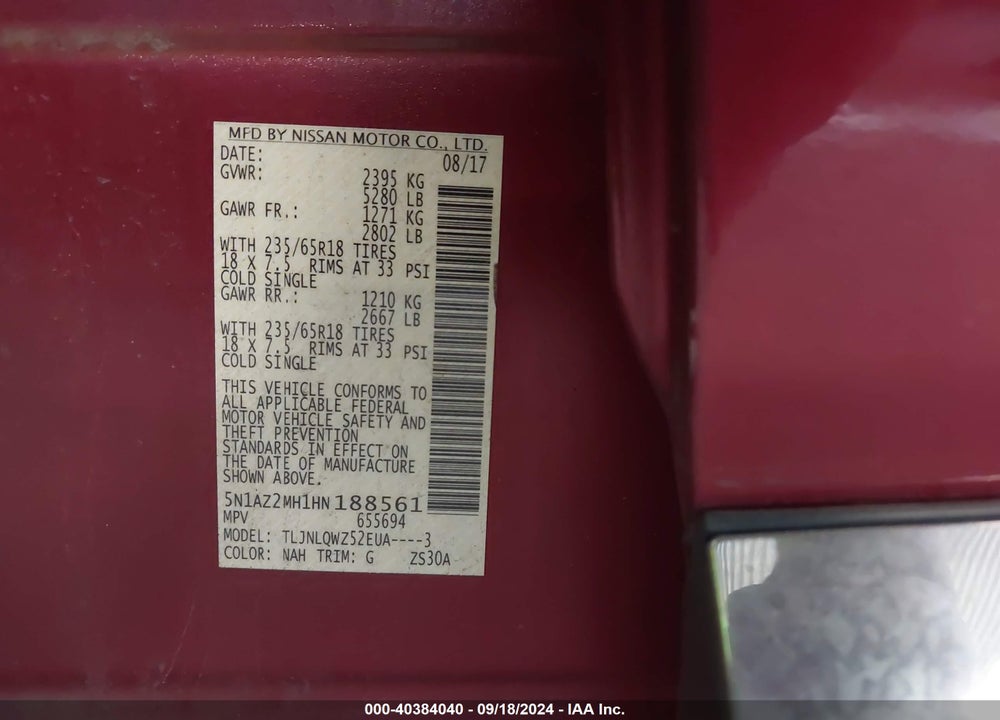 2017 NISSAN MURANO SV VIN: 5N1AZ2MH1HN188561