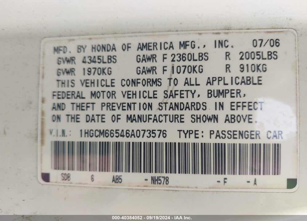 2006 HONDA ACCORD 3.0 EX VIN: 1HGCM66546A073576