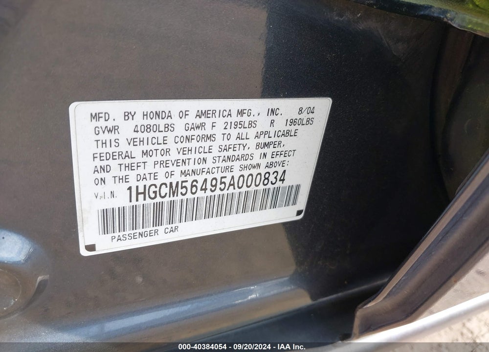 2005 HONDA ACCORD 2.4 LX VIN: 1HGCM56495A000834