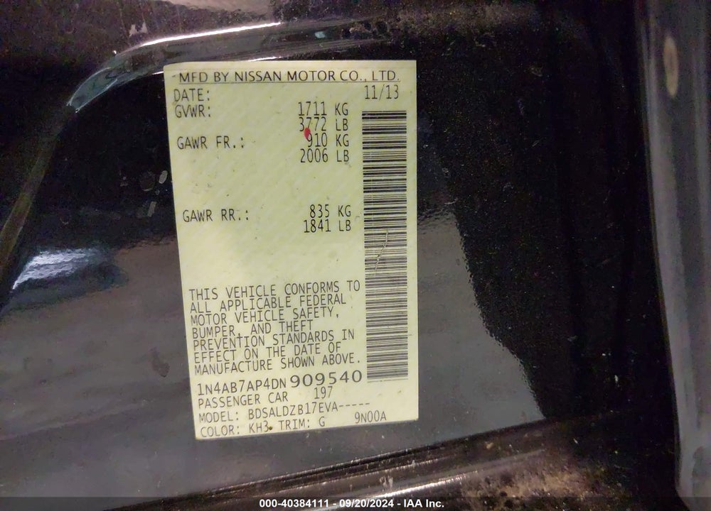 2013 NISSAN SENTRA SV VIN: 1N4AB7AP4DN909540