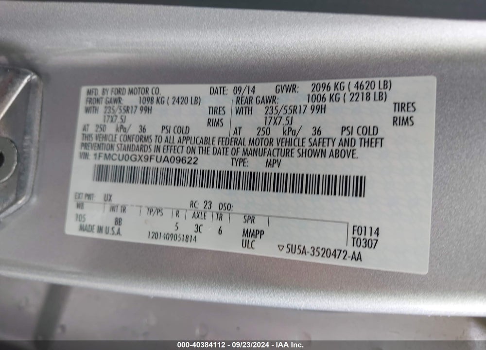 2015 FORD ESCAPE SE VIN: 1FMCU0GX9FUA09622