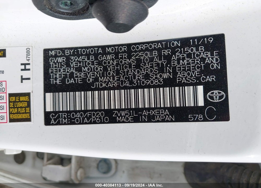 2020 TOYOTA PRIUS LE VIN: JTDKARFU4L3109083
