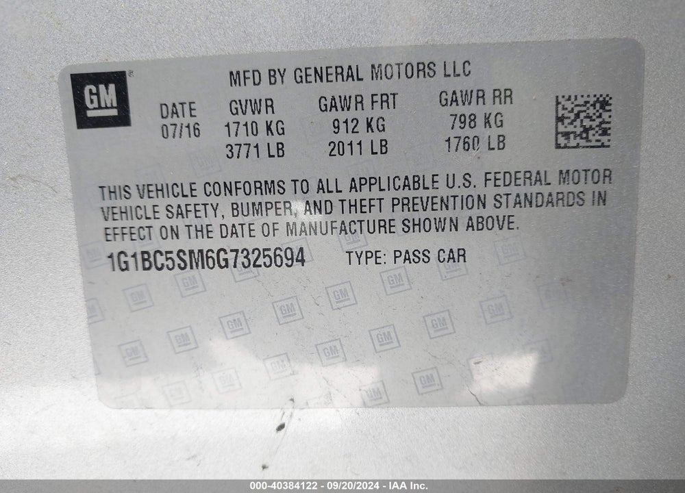 2016 CHEVROLET CRUZE LS AUTO VIN: 1G1BC5SM6G7325694