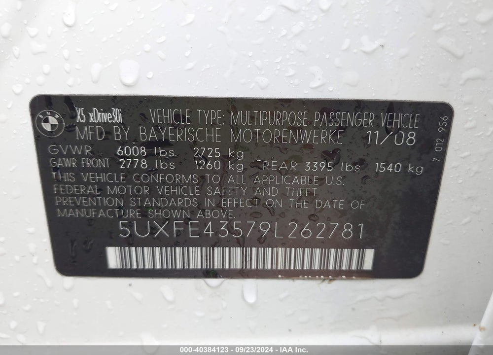 2009 BMW X5 XDRIVE30I VIN: 5UXFE43579L262781