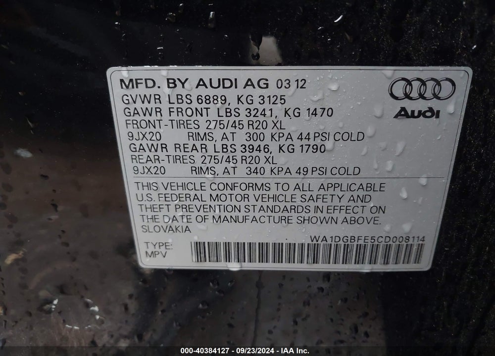 2012 AUDI Q7 3.0T S LINE PRESTIGE VIN: WA1DGBFE5CD008114