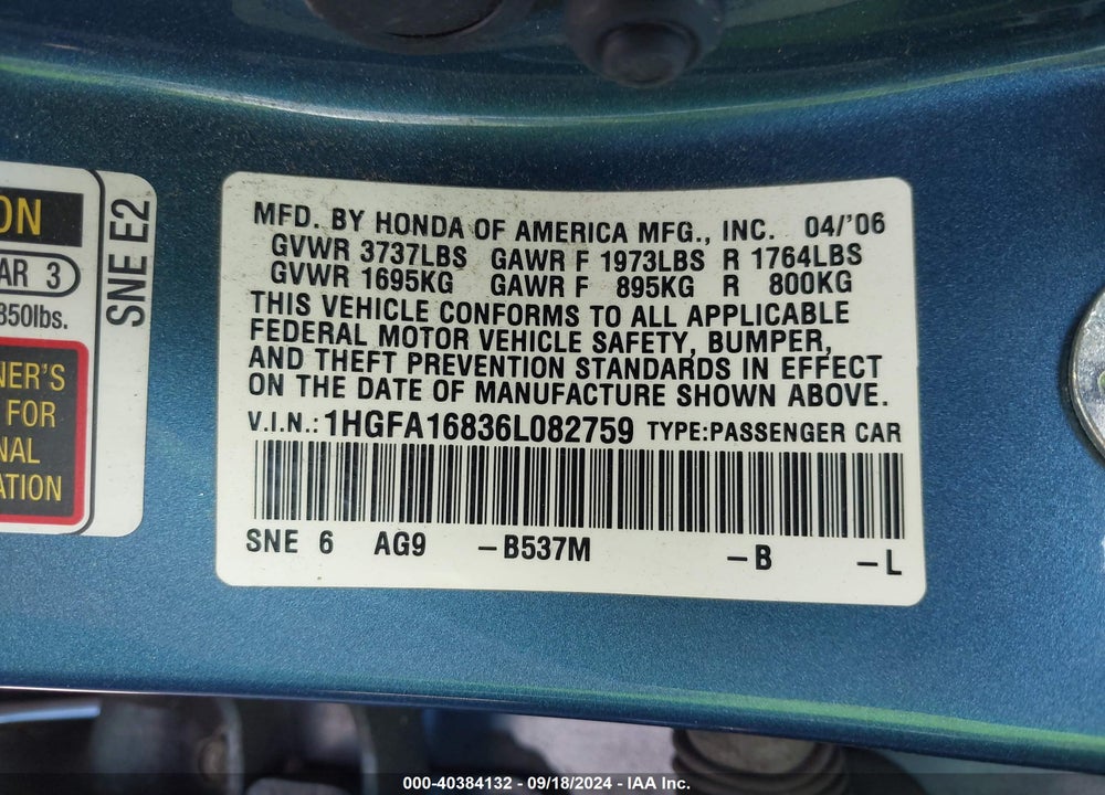 2006 HONDA CIVIC EX VIN: 1HGFA16836L082759