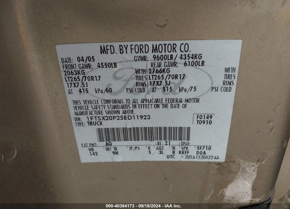 2005 FORD F-250 LARIAT/XL/XLT VIN: 1FTSX20P25ED11923