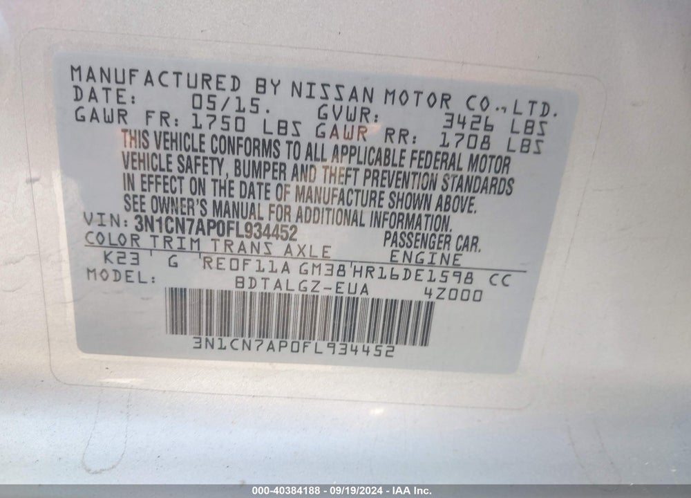 2015 NISSAN VERSA 1.6 SL VIN: 3N1CN7AP0FL934452