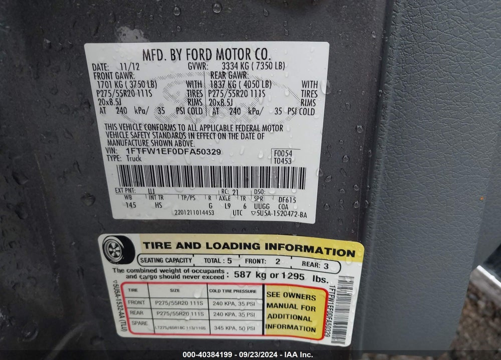 2013 FORD F-150 LARIAT VIN: 1FTFW1EF0DFA50329