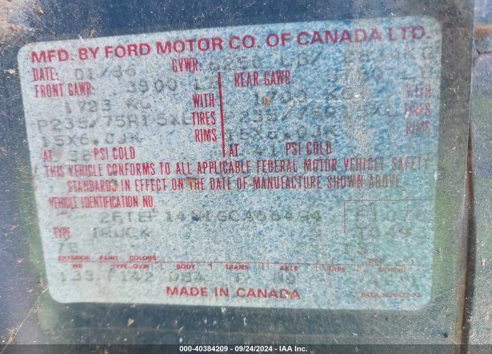 1986 FORD F150 VIN: 2FTEF14N1GCA66494