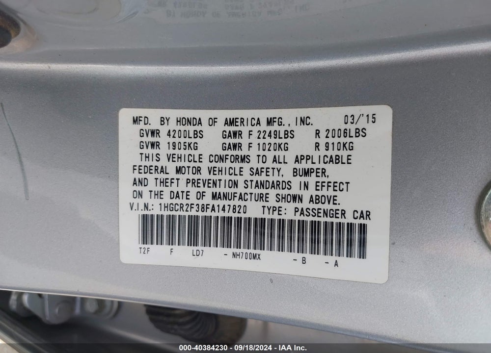 2015 HONDA ACCORD LX VIN: 1HGCR2F38FA147820