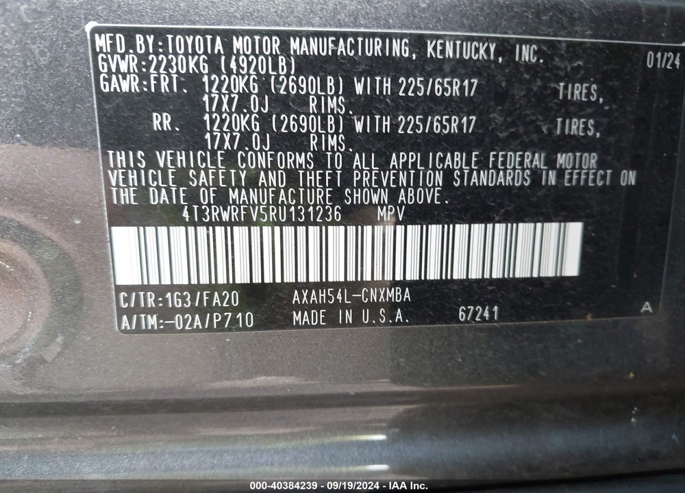 2024 TOYOTA RAV4 HYBRID XLE VIN: 4T3RWRFV5RU131236