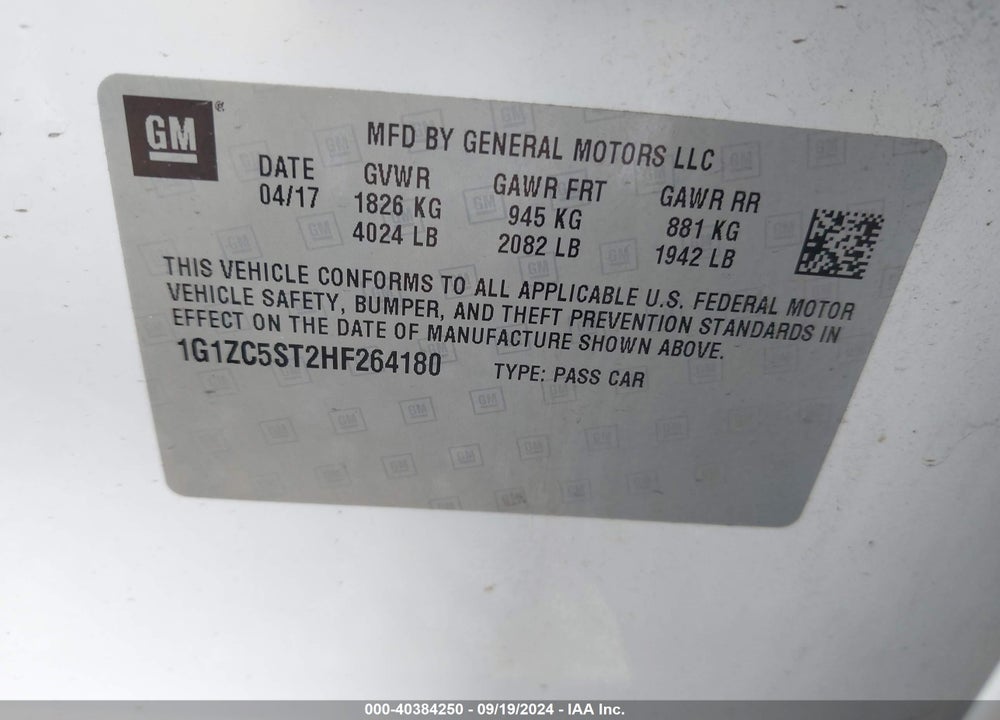2017 CHEVROLET MALIBU 1FL VIN: 1G1ZC5ST2HF264180