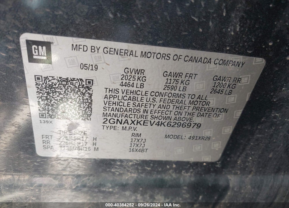 2019 CHEVROLET EQUINOX LT VIN: 2GNAXKEV4K6296979