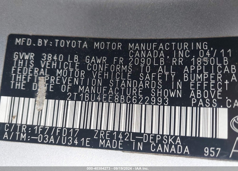 2011 TOYOTA COROLLA S VIN: 2T1BU4EE8BC622993