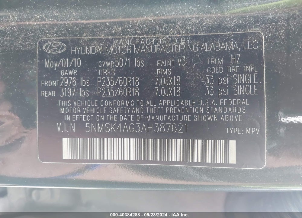 2010 HYUNDAI SANTA FE LIMITED V6 VIN: 5NMSK4AG3AH387621