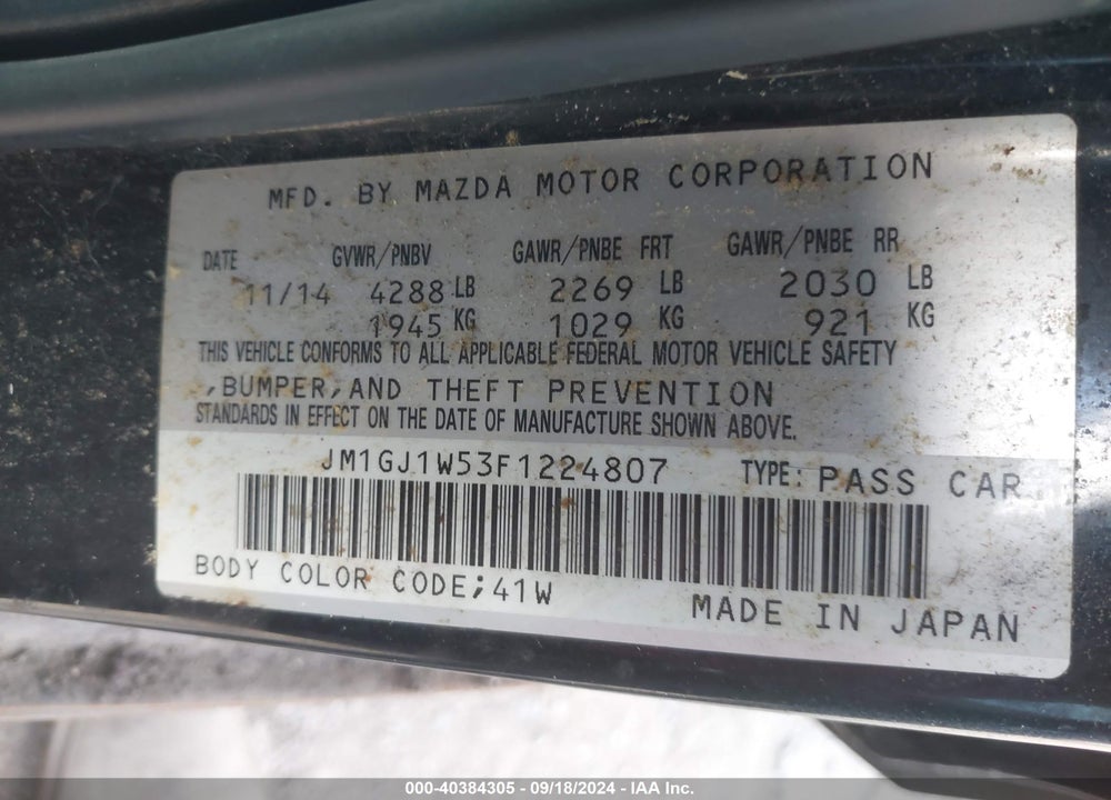 2015 MAZDA 6 I GRAND TOURING VIN: JM1GJ1W53F1224807