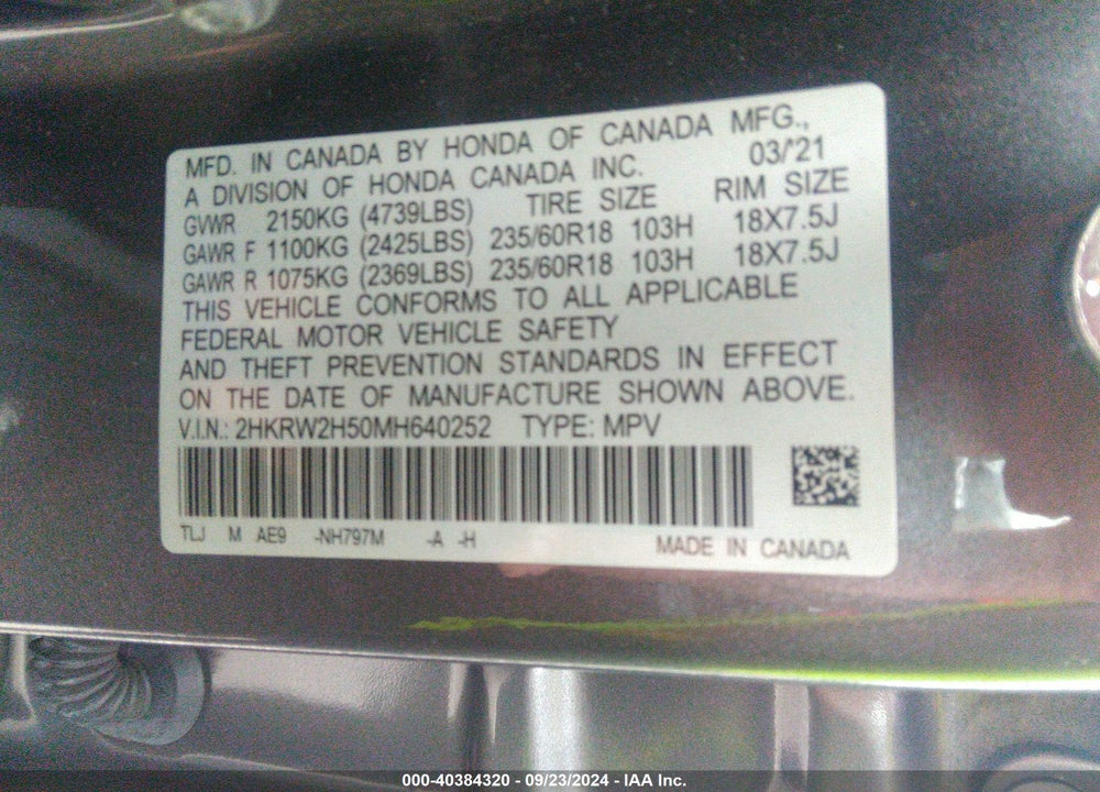 2021 HONDA CR-V AWD EX VIN: 2HKRW2H50MH640252