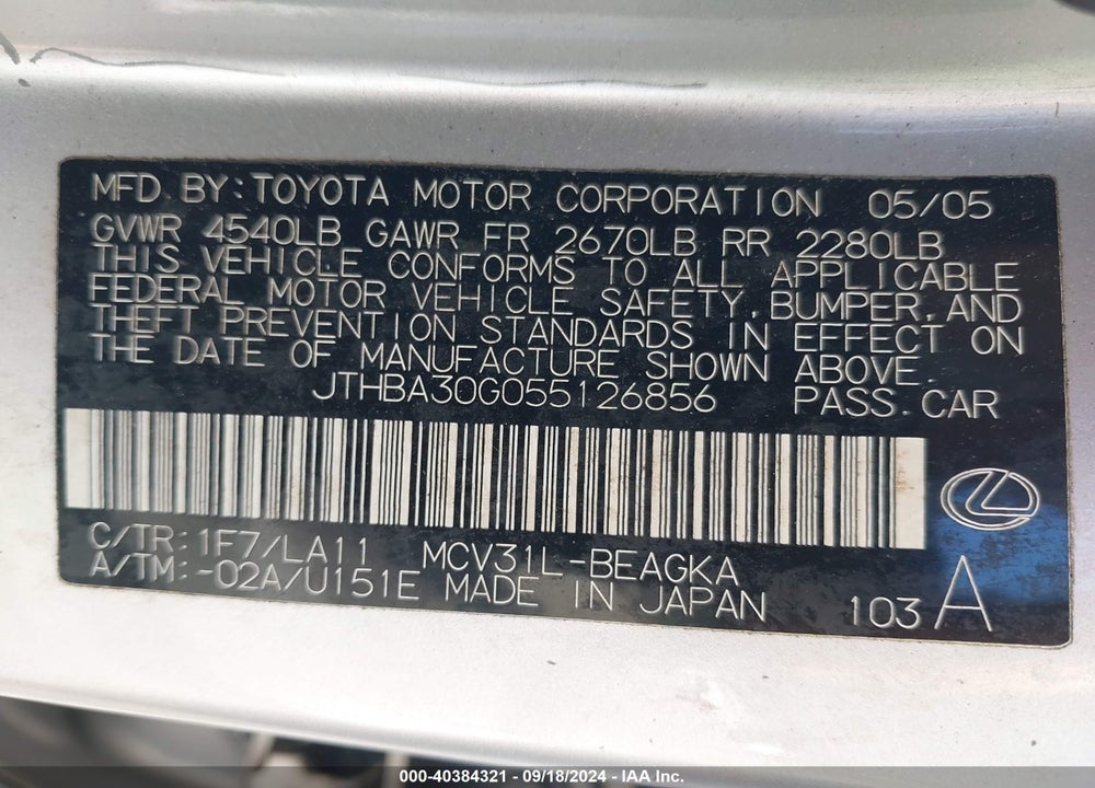 2005 LEXUS ES 330 VIN: JTHBA30G055126856