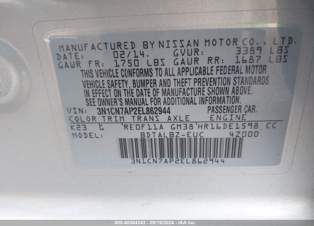 2014 NISSAN VERSA 1.6 S/1.6 S+/1.6 SL/1.6 SV VIN: 3N1CN7AP2EL862944