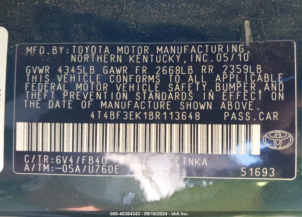 2011 TOYOTA CAMRY LE VIN: 4T4BF3EK1BR113648
