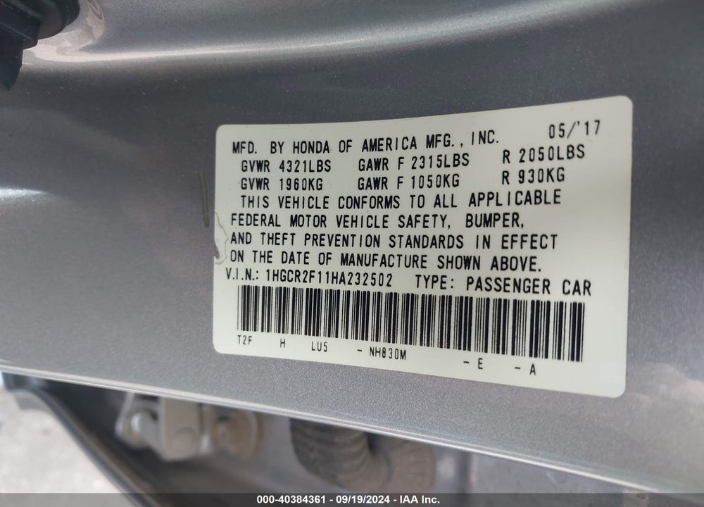 2017 HONDA ACCORD SPORT SE VIN: 1HGCR2F11HA232502