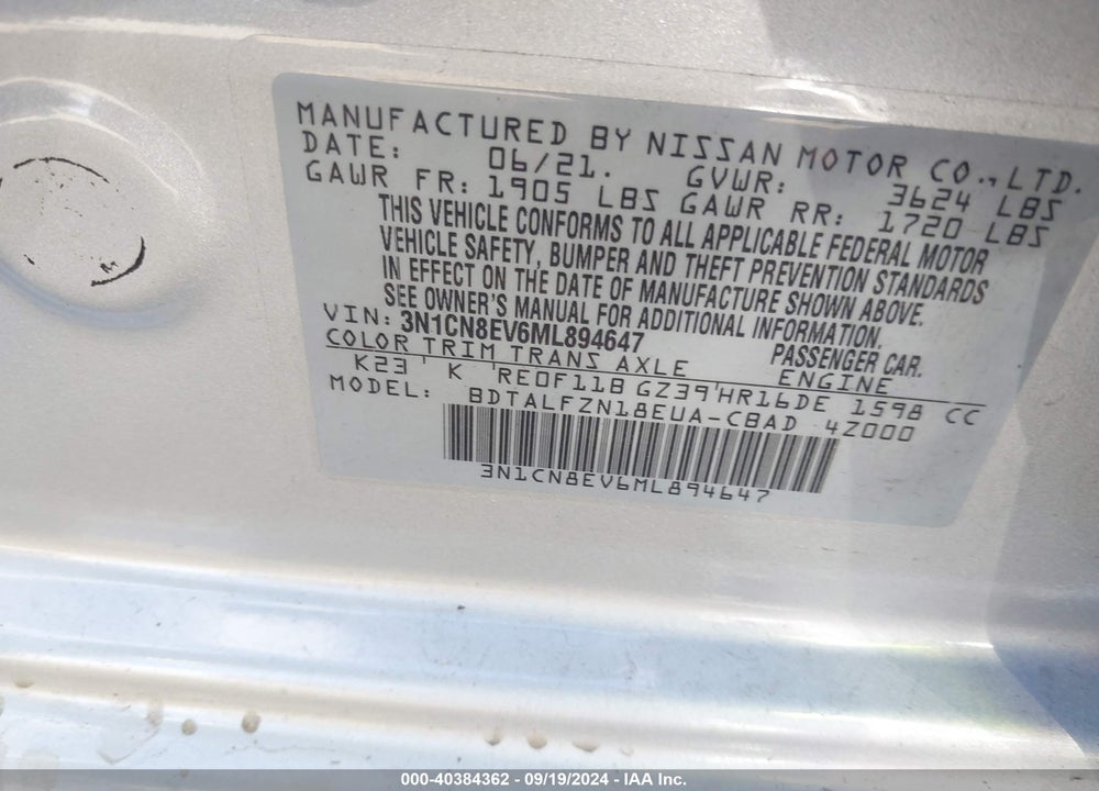 2021 NISSAN VERSA SV XTRONIC CVT VIN: 3N1CN8EV6ML894647