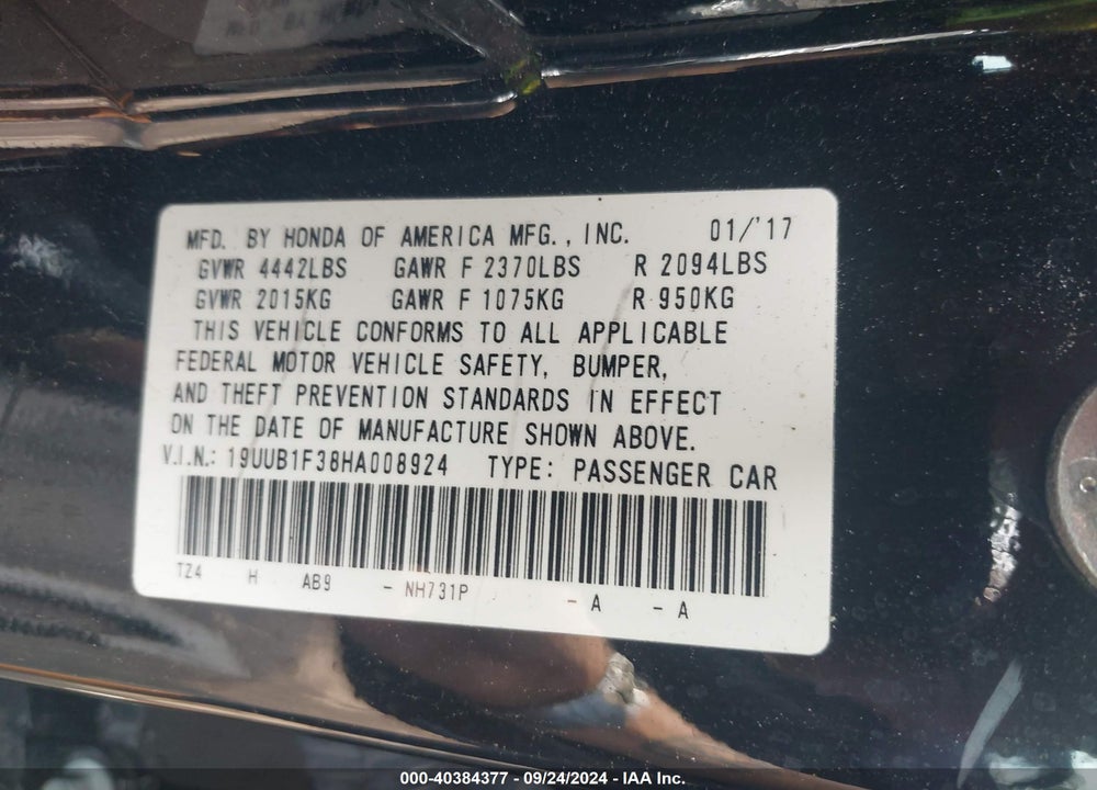 2017 ACURA TLX VIN: 19UUB1F38HA008924