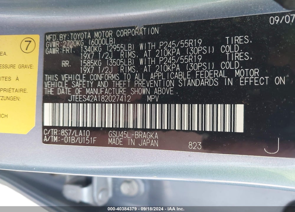 2008 TOYOTA HIGHLANDER LIMITED VIN: JTEES42A182027412