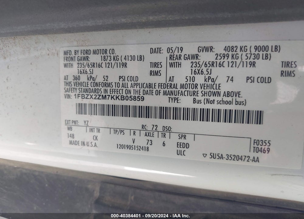 2019 FORD TRANSIT-350 XLT VIN: 1FBZX2ZM7KKB05859