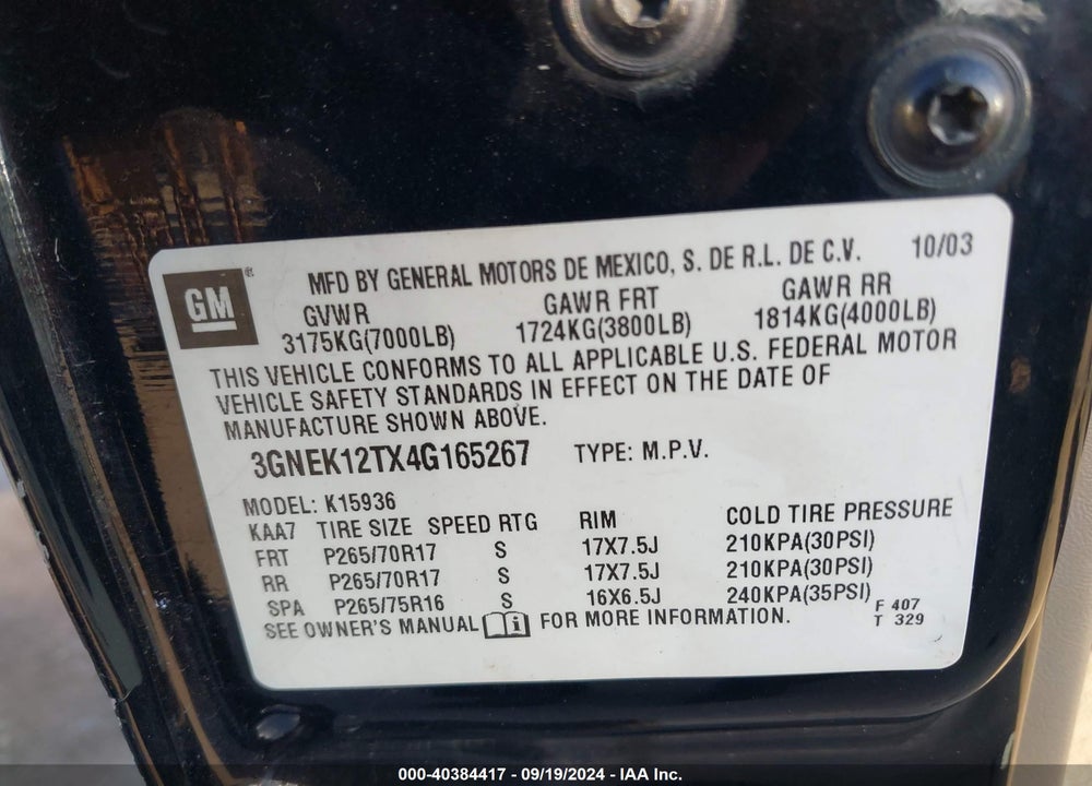 2004 CHEVROLET AVALANCHE 1500 VIN: 3GNEK12TX4G165267