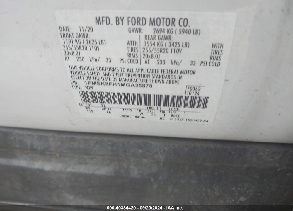 2021 FORD EXPLORER LIMITED VIN: 1FMSK8FH1MGA35878