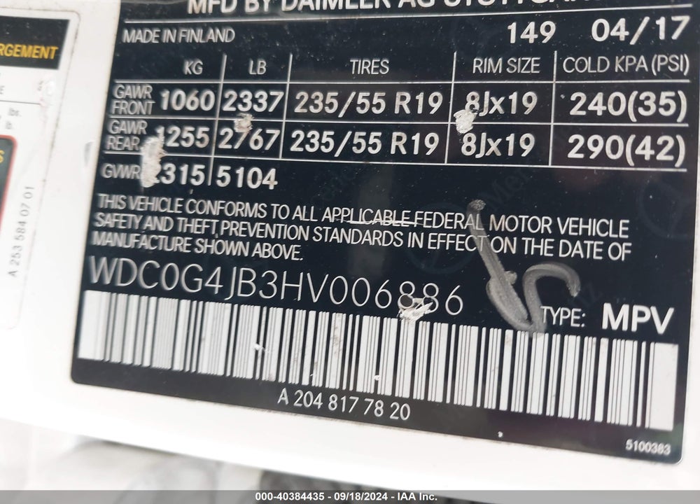 2017 MERCEDES-BENZ GLC 300 VIN: WDC0G4JB3HV006886