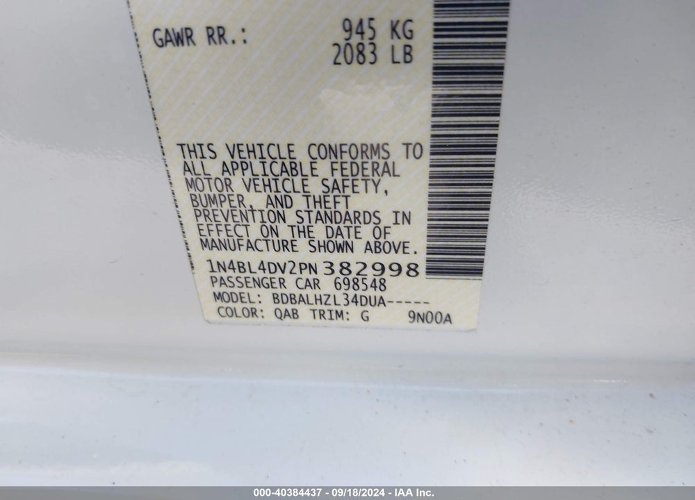 2023 NISSAN ALTIMA SV FWD VIN: 1N4BL4DV2PN382998