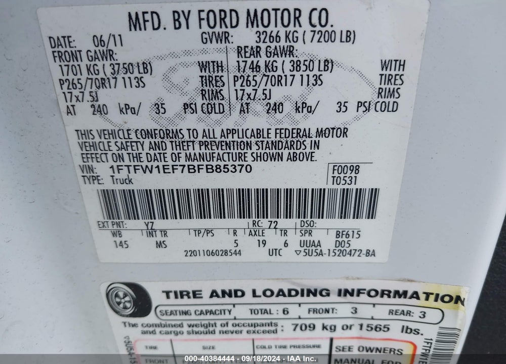 2011 FORD F-150 XLT VIN: 1FTFW1EF7BFB85370