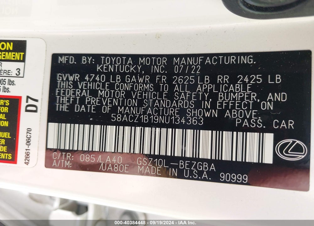 2022 LEXUS ES 350 VIN: 58ACZ1B19NU134363