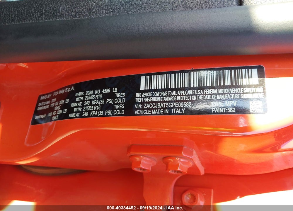 2016 JEEP RENEGADE SPORT VIN: ZACCJBAT5GPE09582