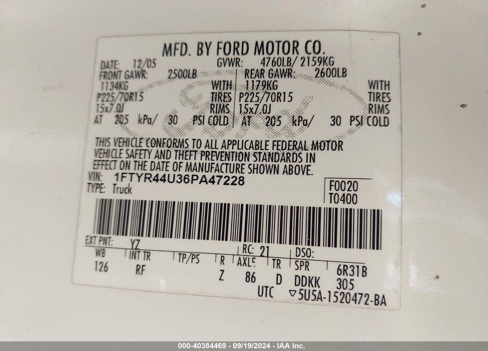 2006 FORD RANGER SPORT/STX/XLT VIN: 1FTYR44U36PA47228
