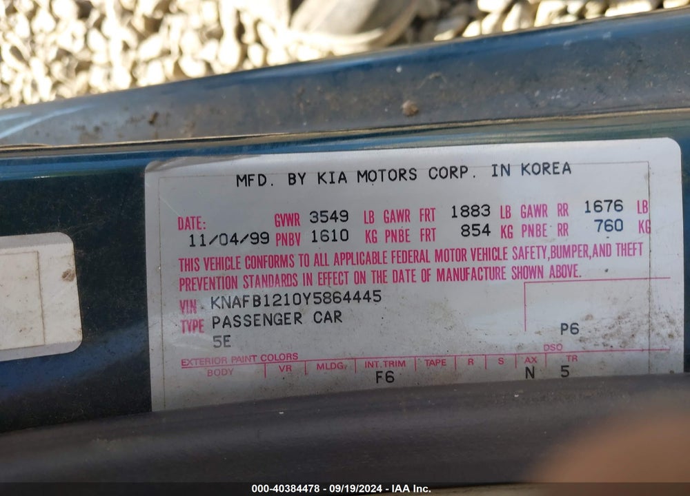 2000 KIA SEPHIA LS/LS W/POWER PKG VIN: KNAFB1210Y5864445