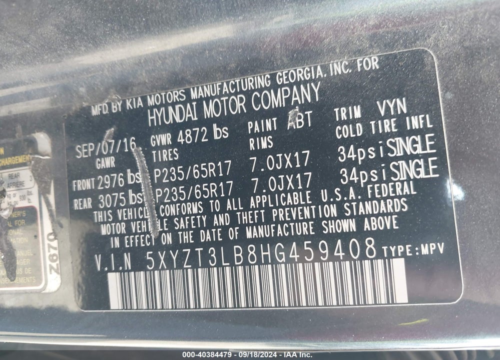 2017 HYUNDAI SANTA FE SPORT 2.4L VIN: 5XYZT3LB8HG459408