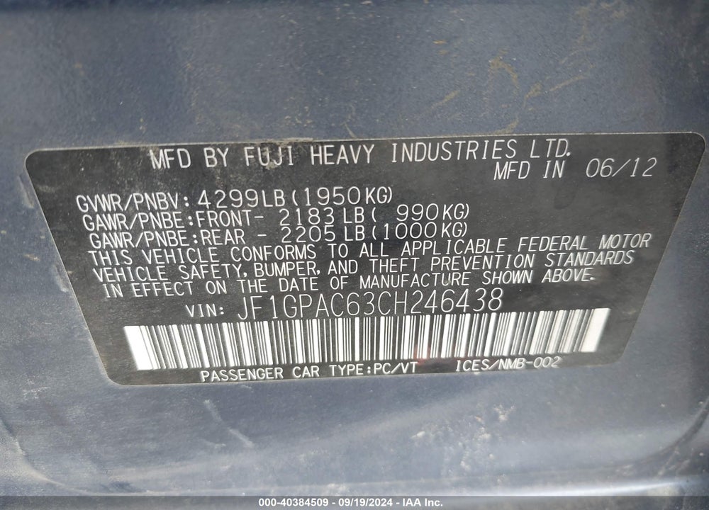2012 SUBARU IMPREZA 2.0I PREMIUM VIN: JF1GPAC63CH246438